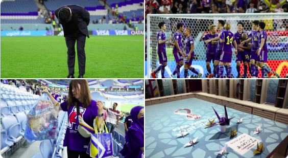 Japanese Manager bows to the crowd after losing match, Japanese fans clean stadium FIFA World Cup
